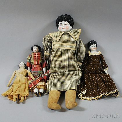Three China Shoulder Head Dolls and One Small China Head Doll