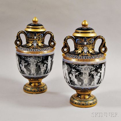 Pair of Pate-sur-pate-style Ceramic Covered Urns
