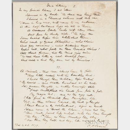 Cranch, Christopher Pearse (1813-1892),Original Manuscript of the Poem, "In a Library," February 4 & 6, 1879.