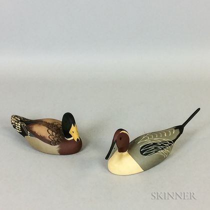 Two J. Rinker Polychrome Painted and Carved Wood Half-size Duck Decoys