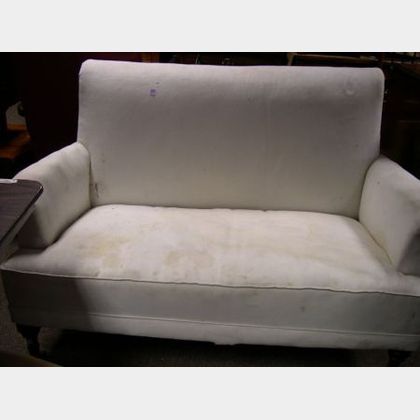 Victorian Muslin Upholstered Settee with Turned Legs. 