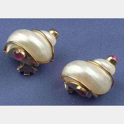 14kt Gold, Ruby and Turbo Shell Earclips, Seaman Schepps