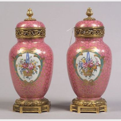 Pair of "Sevres" Porcelain and Gilt Bronze Mounted Potpourri Urns