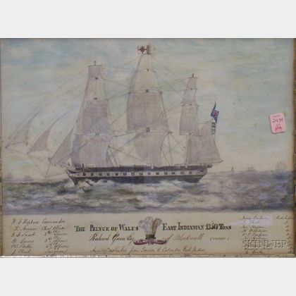 Framed Pencil and Watercolor on Paper The Prince of Wales East Indiaman 1350