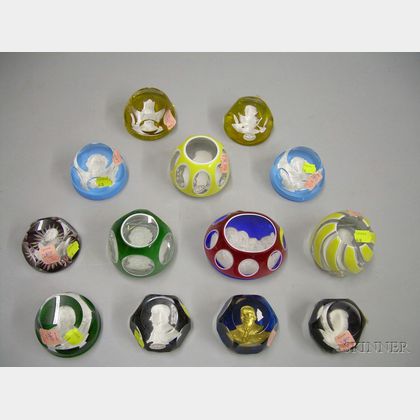 Thirteen Sulfide Art Glass Paperweights