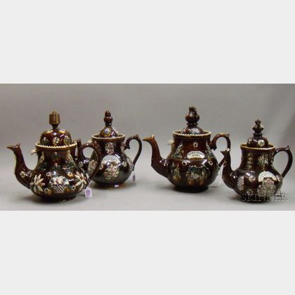 Four Measham "Bargeware" Earthenware Teapots and Covers
