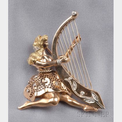 18kt Tricolor Gold and Diamond Harpist Brooch