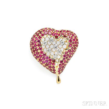 18kt Gold, Ruby, and Diamond "Honeycomb Heart" Pendant, After Henryk Kaston