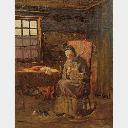 John Joseph Enneking (American, 1841-1916) An Old Woman Sewing.
