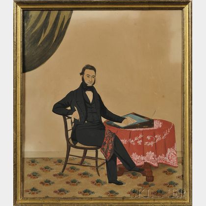 American School, 19th Century Portrait of a Man Seated at a Table Composing a Letter on His Lap Desk