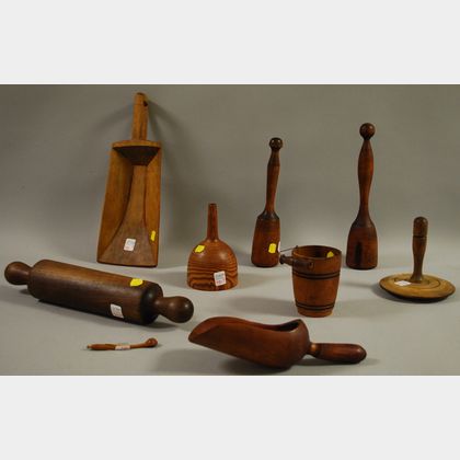 Nine Carved and Turned Wooden Kitchen Implements