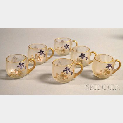 Set of Six French Acid-etched and Enamel Floral-decorated Art Glass Punch Cups. 