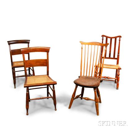 Pair of Grain-painted Chairs, a Banister-back Chair, and a Fan-back Windsor Chair. Estimate $20-200