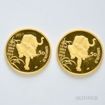 Two 1986 Singapore 50 Singold Proof Gold Tiger Coins.