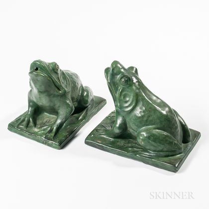 Pair of Molded and Green-glazed Terra-cotta Fountain Frogs