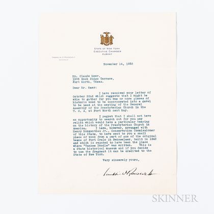 Roosevelt, Franklin Delano (1882-1945) Typed Letter Signed, Albany, New York, 14 November 1932.