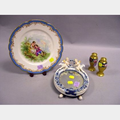 Sevres Transfer Decorated Porcelain Cabinet Plate, a Pair of Pickard Gilt and Floral Decorated Casters, and a Dresden-type Porcelain Cu
