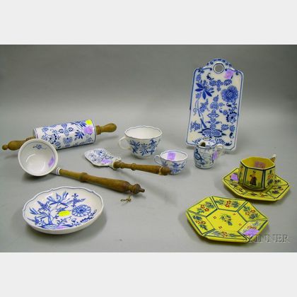 Eight Meissen-type Blue and White Decorated Porcelain Articles and a Quimper Faience Cup and Two Saucers