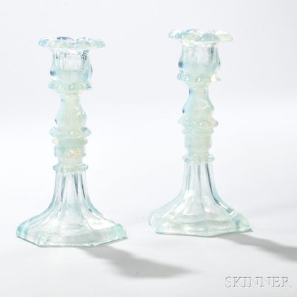 Pair of Opalescent Pressed Glass Petal Socket Candlesticks