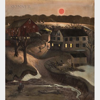 John Falter (American, 1910-1982) Nighttime Farm Landscape