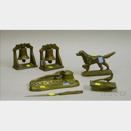 Three-piece Jennings Bros. Patinated Cast Metal Pheasant Figural Desk Set, a Cast Iron Setter Figure, and a Pai... 