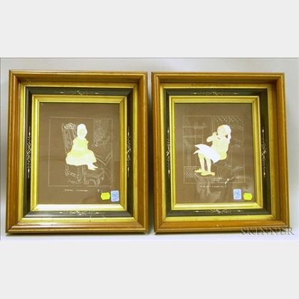 Pair of Victorian Walnut Framed Birch Bark and Pen Whimsical Portraits