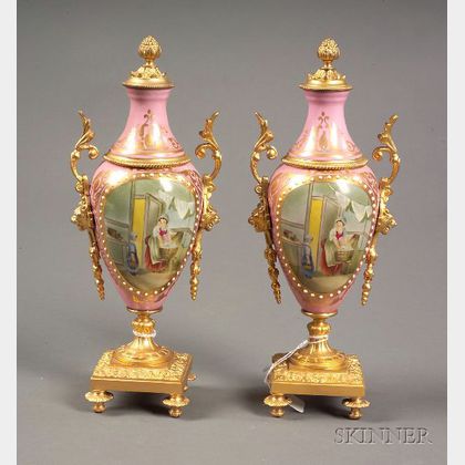 Pair of Louis XVI-style Porcelain and Gilt Metal Mounted Mantel Urns