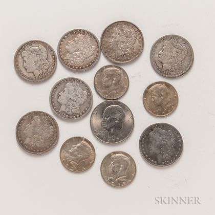 Seven Morgan Dollars, Four Silver-clad Kennedy Half Dollars, and a 1971 Eisenhower Dollar. Estimate $100-200