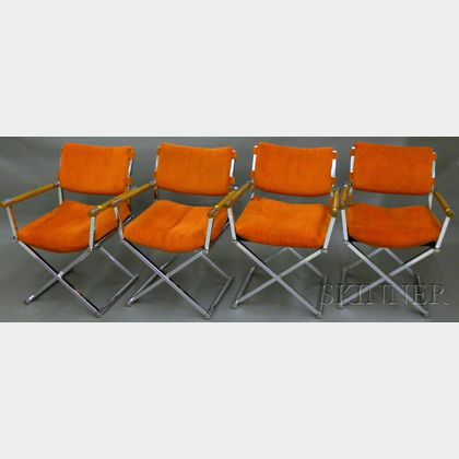 Set of Four Modern Upholstered Steel and Oak Armchairs