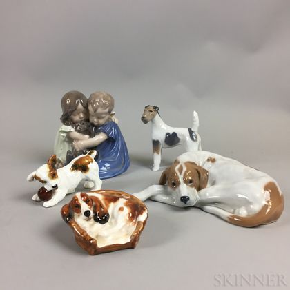 Three Royal Copenhagen and Two Royal Doulton Ceramic Figures of Dogs