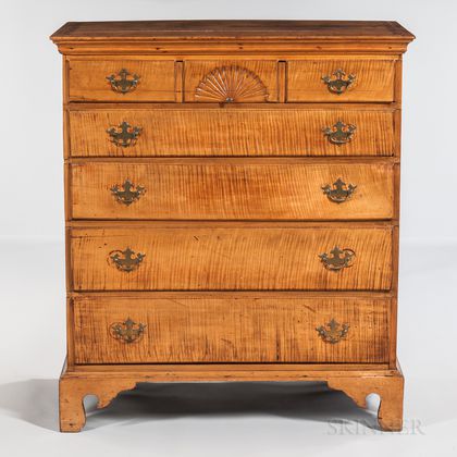 Carved Tiger Maple Tall Chest of Five Drawers
