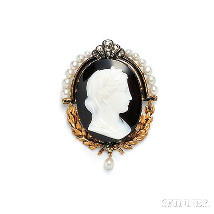 Antique 18kt Gold, Hardstone Cameo, and Pearl Brooch
