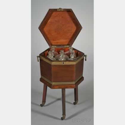 Fine George III Mahogany and Brass-bound Cellarette with Full Set of Decanters
