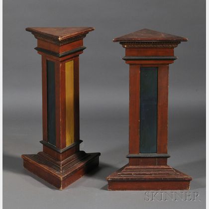 Pair of Triangular Painted Wooden Lodge Pedestals