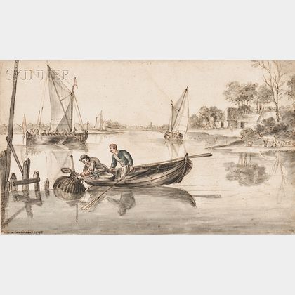 Dutch School, 18th Century View of a River with a Fisherman in a Boat, Pulling Eel Traps