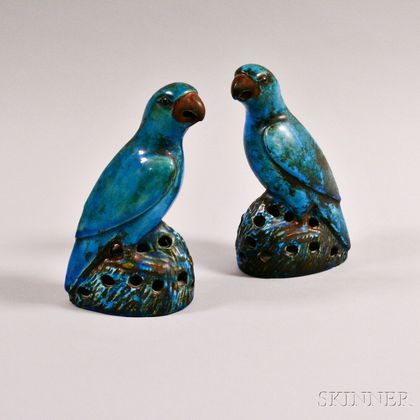Pair of Turquoise Blue-glazed Parrots