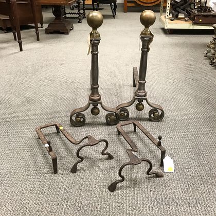 Pair of Wrought Iron and a Pair of Brass and Wrought Iron Ball-top Andirons