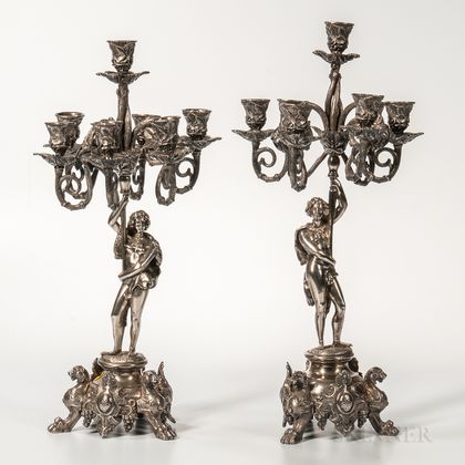 Pair of Silvered Bronze Figural Seven-light Candelabra