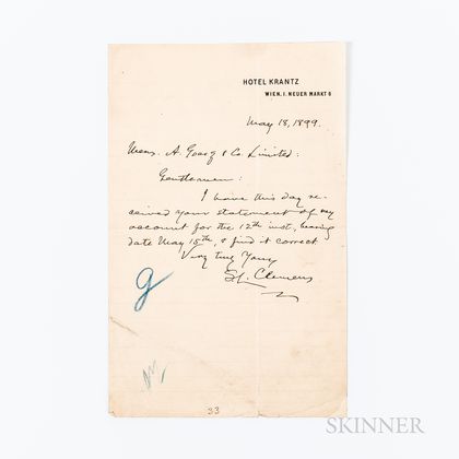 Clemens, Samuel (1835-1910) Autograph Note Signed, 18 May 1899.
