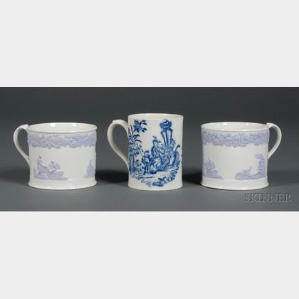 Worcester Dr. Wall Transfer Decorated Soft Paste Mug and a Near Pair of Embossed Decorated Soft Paste Porcelain... 