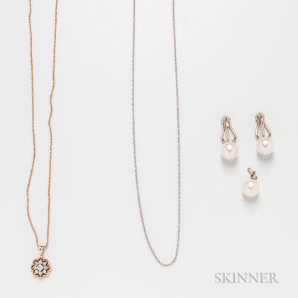 Pair of 14kt White Gold and Cultured Pearl Earclips, a 14kt Gold and Diamond Pendant with 14kt Gold Chain, and a Cultured Pearl and Dia