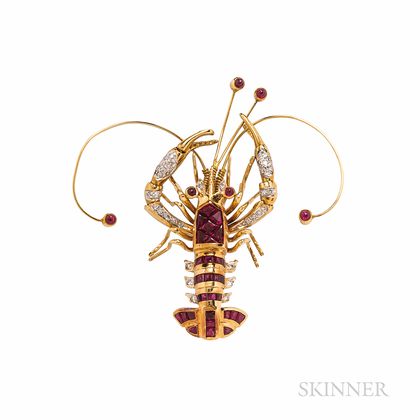 18kt Gold, Ruby, and Diamond Lobster Brooch