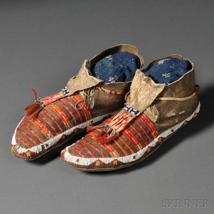 Pair of Lakota Beaded and Quilled Hide Moccasins