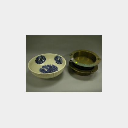 Pair of Low Brass Basins with Handles and an English Blue and White Transfer Decorated Ceramic Chamber Basin. 