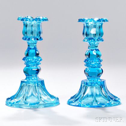 Pair of Peacock Blue Pressed Glass Petal and Loop Pattern Candlesticks