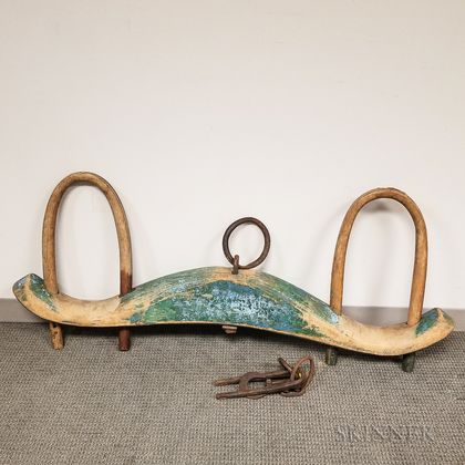 Large Green-painted Pine Oxen Yoke with Hand-forged Hardware
