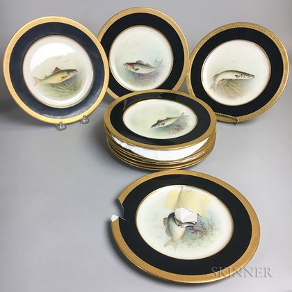 Set of Twelve Lenox Hand-painted Porcelain Fish Plates
