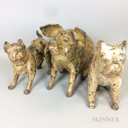 Two Terra-cotta and Plaster Dogs and a Pig