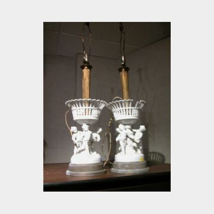 Pair of White Porcelain Putti and Fruit Basket Figural Table Lamps. 