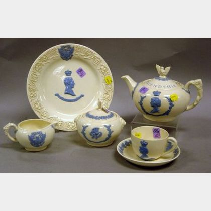 Six-Piece 1939 Wedgwood Blue and White Embossed Queens Ware Commemorative Sovereign Tea Set. 